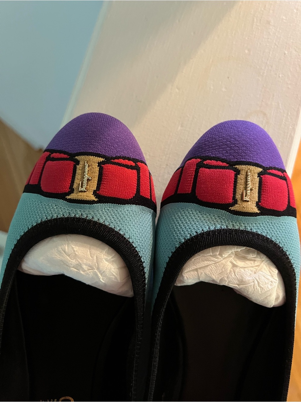 Salvatore Ferragamo Light Blue and Purple Ballet Flats with Red Bow - Picture 2 of 12